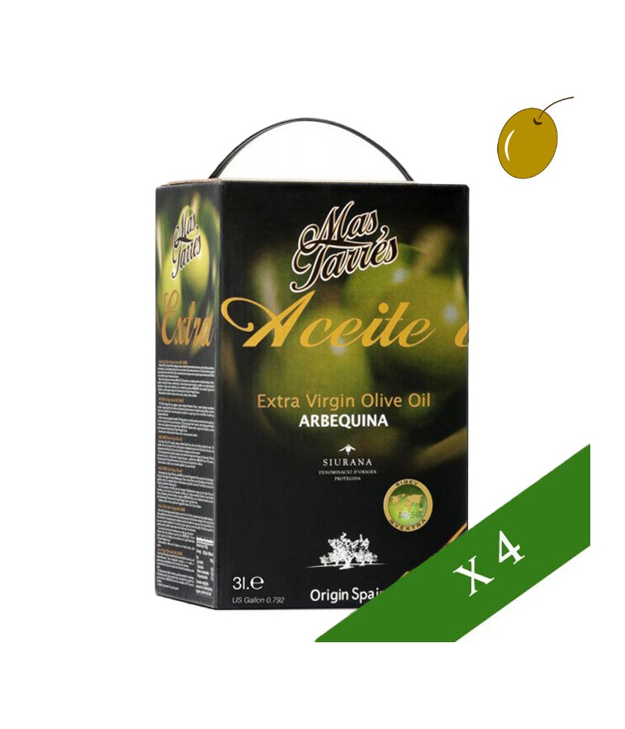 CAJA x4 --- Más Tarrés Arbequina 3l, Aceite de oliva virgen extra, DO Siurana