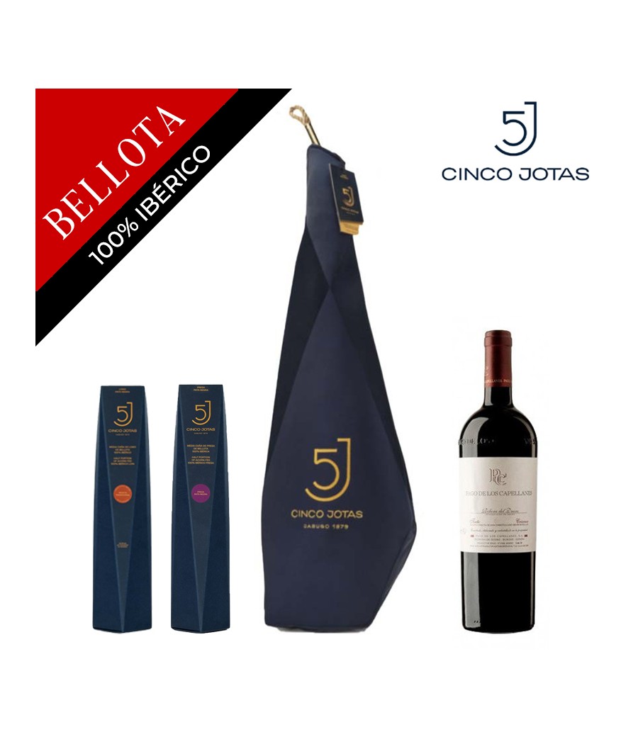 Lote Jamón 100% Ibérico de Bellota Cinco Jotas (5J) Jabugo + Lomo 5J + Presa 5J + Vino