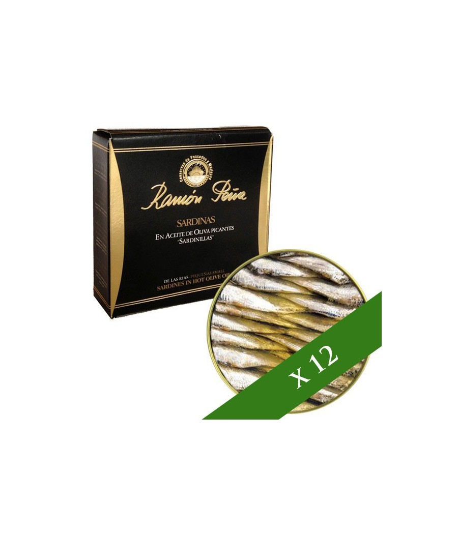 BOX x12 - Piccole sardine in olio di oliva piccante 20-25 unità Ramón Peña "Etichetta Nera"