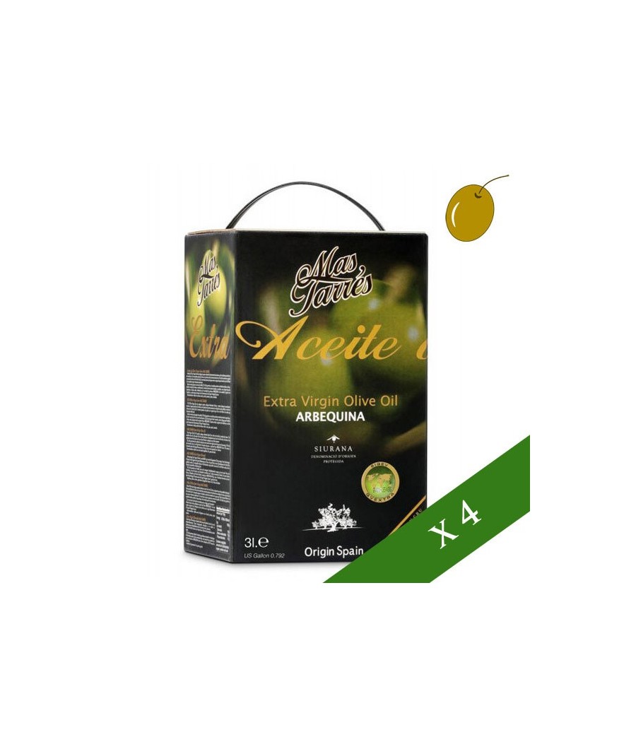 CAJA x4 --- Más Tarrés Arbequina 3l, Aceite de oliva virgen extra, DO Siurana