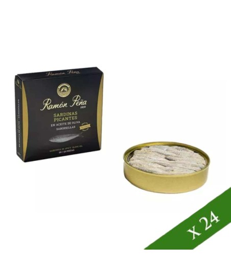 CAJA x24 - Sardinas en aceite oliva picante 20/25 unidades Ramón Peña "Etiqueta Negra"